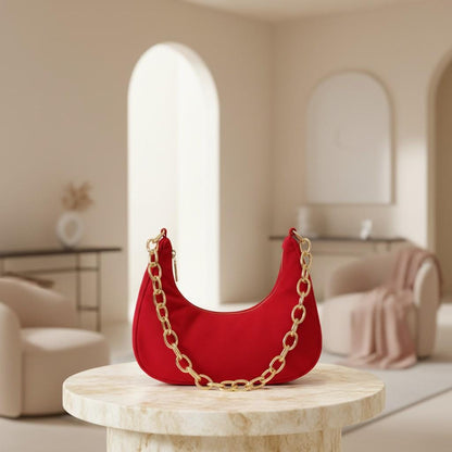 Red Shoulder Bag for Women, Small Crescent Purse, Gold Chain Handbag, Minimalist Evening Bag, Trendy Red Purse