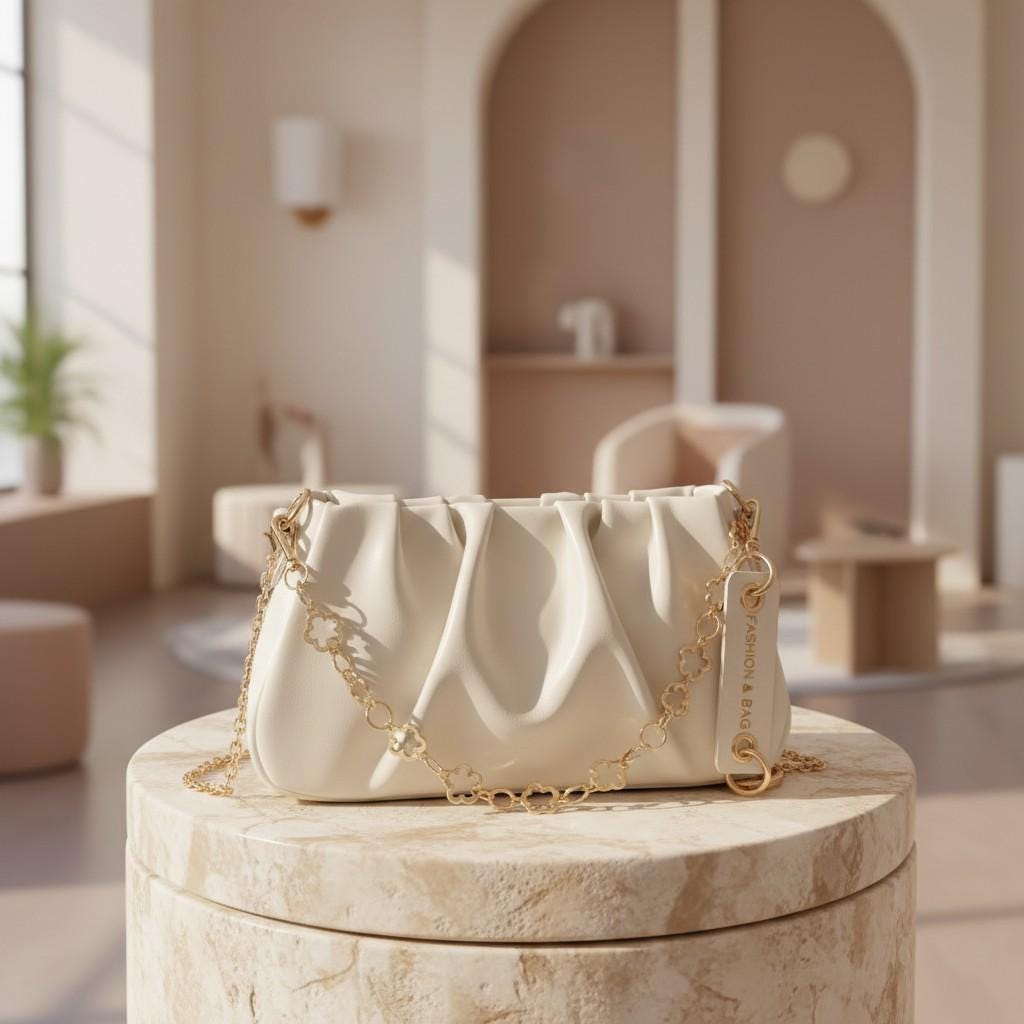 Cream Ruched Shoulder Bag, Floral Chain Purse, Gathered Hobo Handbag, Ivory Crossbody Bag, Elegant Soft Bag