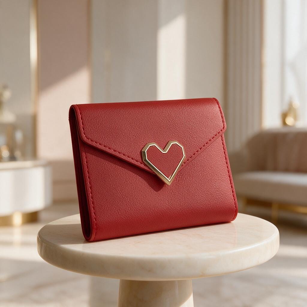 Red Heart Clasp Wallet, Small Womens Wallet, Compact Flap Purse