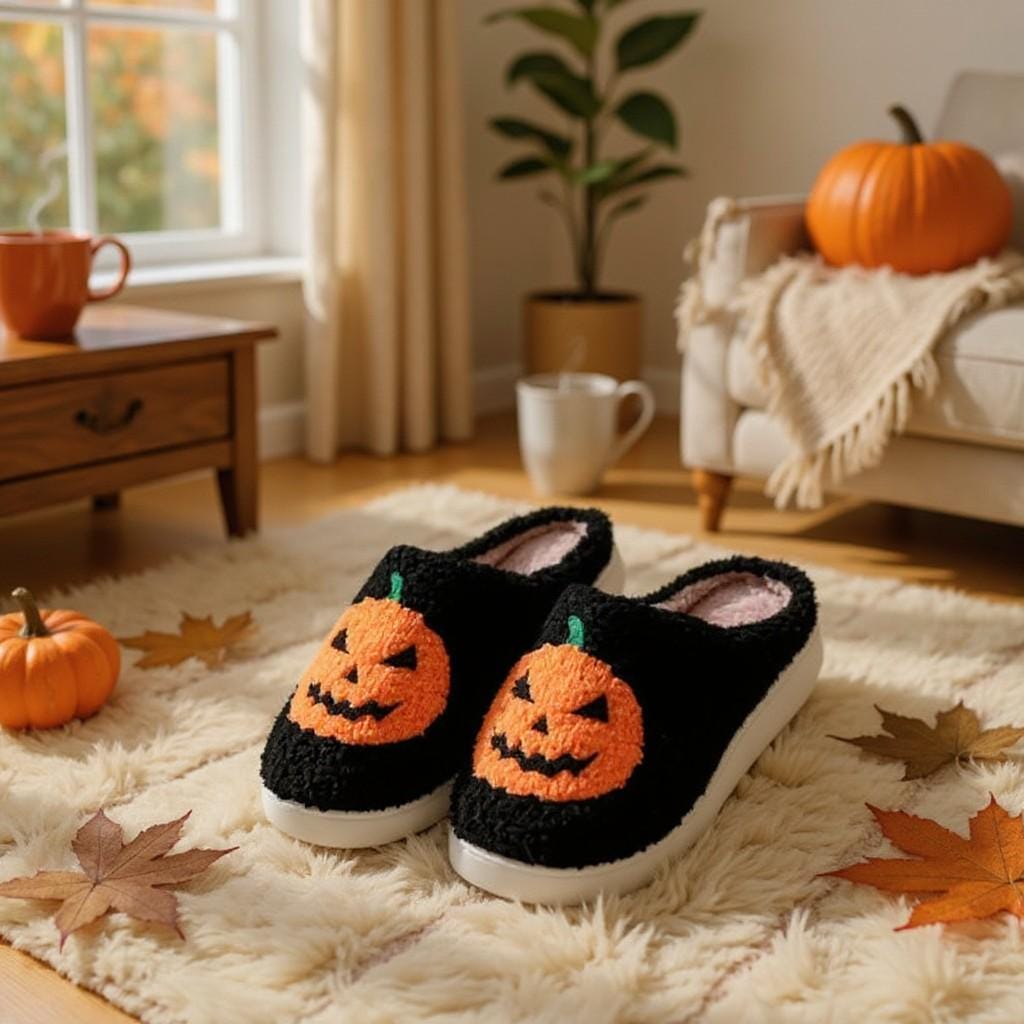 Pumpkin Slippers, Black Halloween House Shoes, Fuzzy Jack O Lantern Slippers