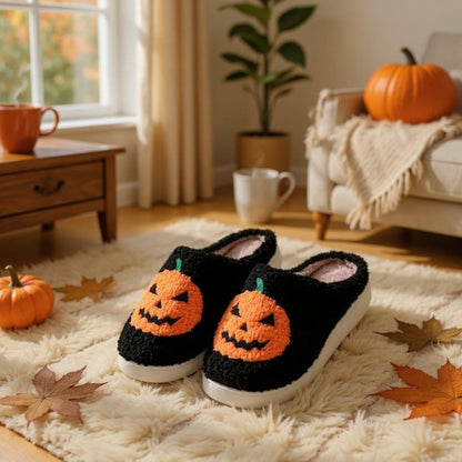 Pumpkin Slippers, Black Halloween House Shoes, Fuzzy Jack O Lantern Slippers
