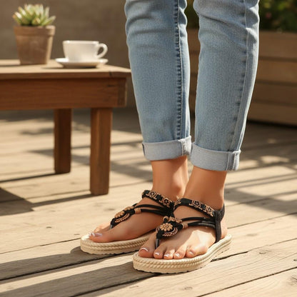 Black Flat Sandals for Women, Embellished T Strap Sandals, Boho Summer Shoes.