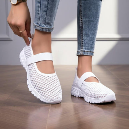 White Mesh Mary Jane Sneakers for Women, Casual Strap Shoes, Lightweight Summer Footwear