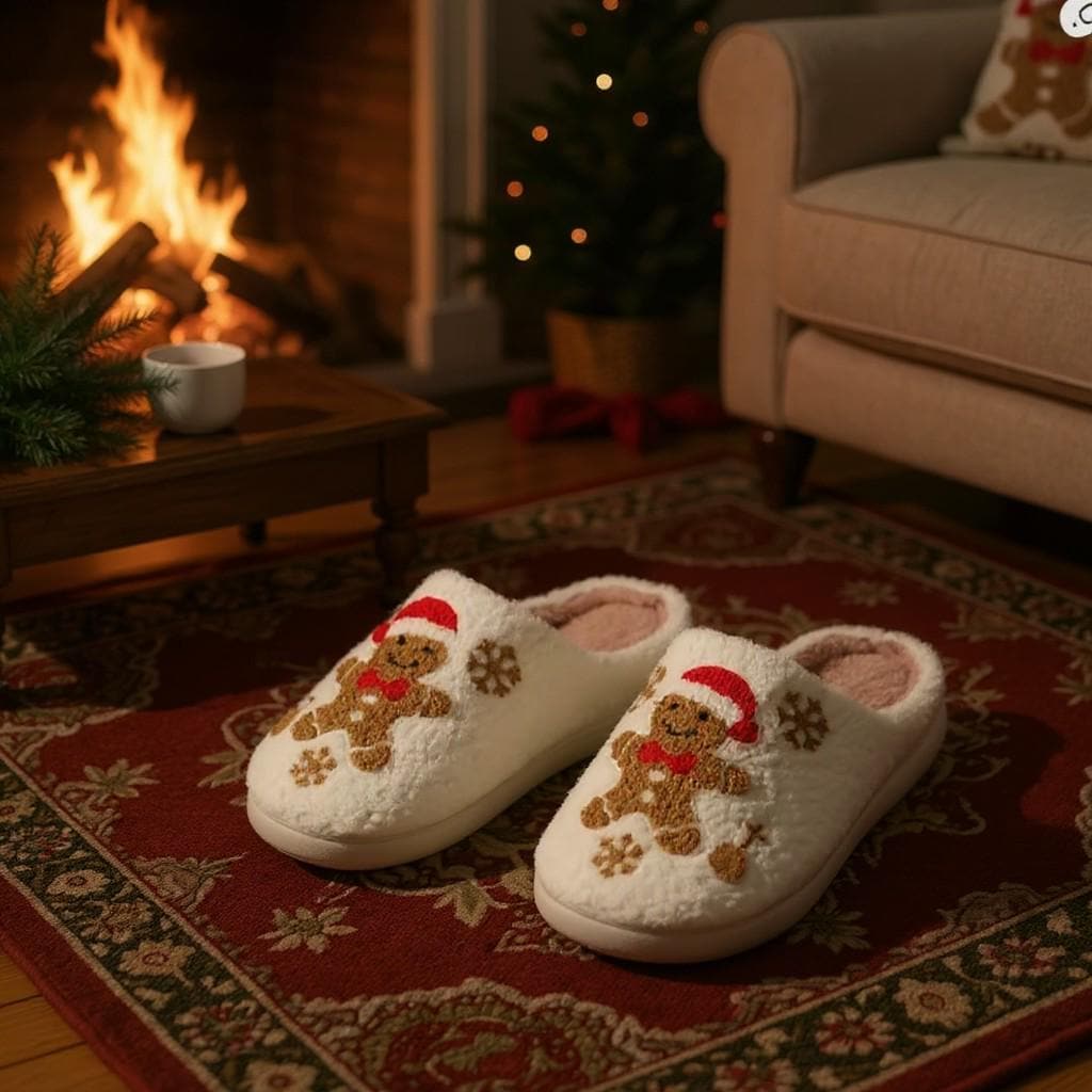 Gingerbread Slippers, Christmas House Shoes, Fuzzy Holiday Slippers