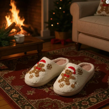 Gingerbread Slippers, Christmas House Shoes, Fuzzy Holiday Slippers