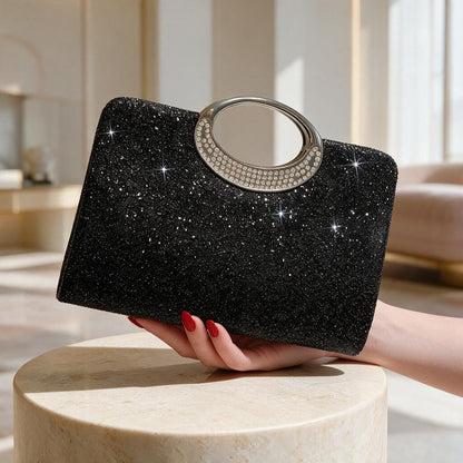 Black Glitter Clutch Bag, Sparkly Evening Purse with Crystal Ring Handle, Glam Party Handbag, Formal Night Out Bag