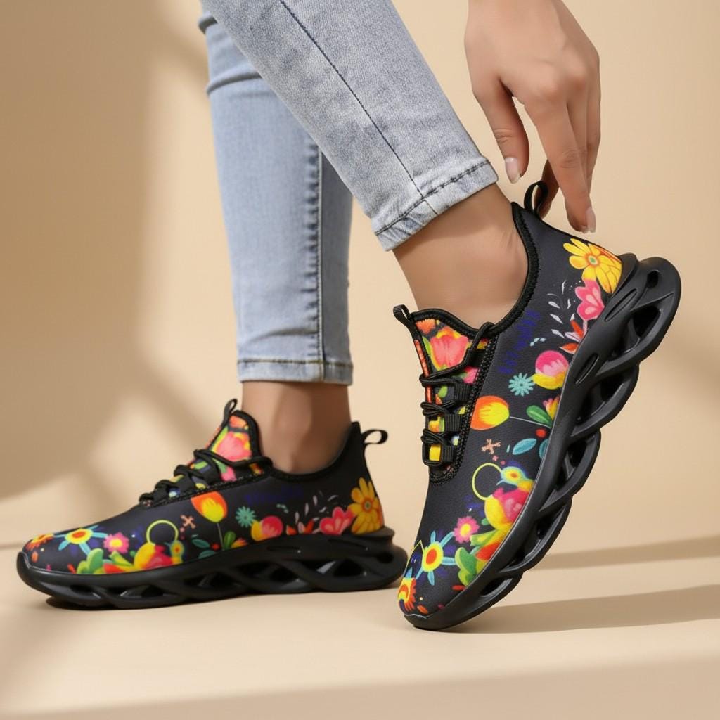 Colorful Floral Sneakers for Women, Botanical Athletic Shoes, Flower Print Running Shoes, Black Casual Sneakers, Gift for Her