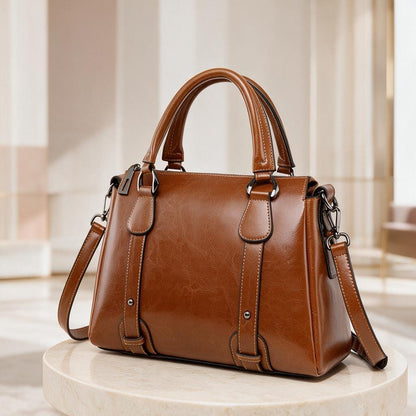 Brown Satchel Bag, Structured Top Handle Handbag, Cognac Shoulder Bag, Classic Crossbody Purse, Women's Work Tote
