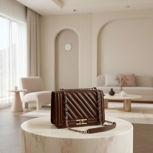Brown Quilted Shoulder Bag, Chain Strap Purse, Diagonal Quilted Handbag, Structured Crossbody Bag, Elegant Everyday Bag