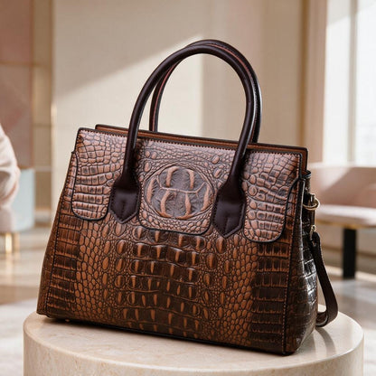 Brown Crocodile Effect Handbag, Structured Satchel Purse, Women's Top Handle Bag, Embossed Shoulder Bag