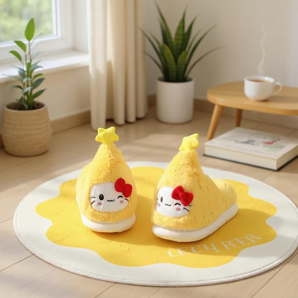 Yellow Cat Slippers, Fuzzy Plush House Shoes, Cute Bow Indoor Slippers