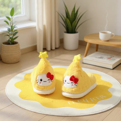 Yellow Cat Slippers, Fuzzy Plush House Shoes, Cute Bow Indoor Slippers