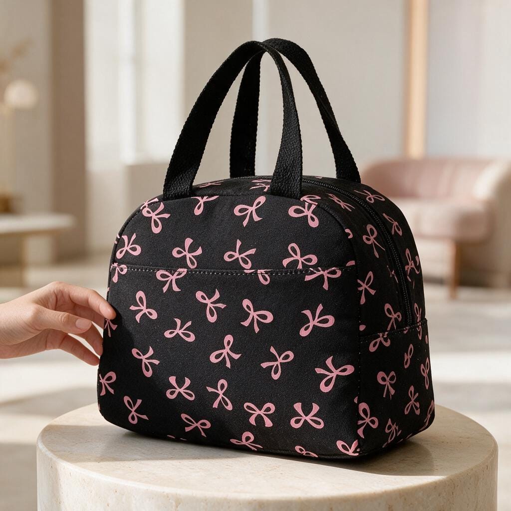 Black Bowler Bag with Pink Bows, Cute Top Handle Handbag, Feminine Everyday Purse