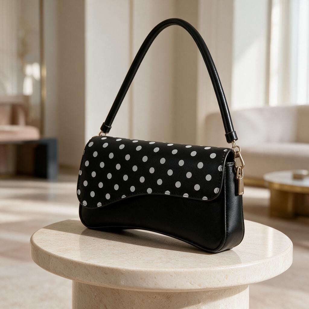 Black Polka Dot Shoulder Bag, Y2K Baguette Purse, Retro Handbag, Cute Everyday Bag
