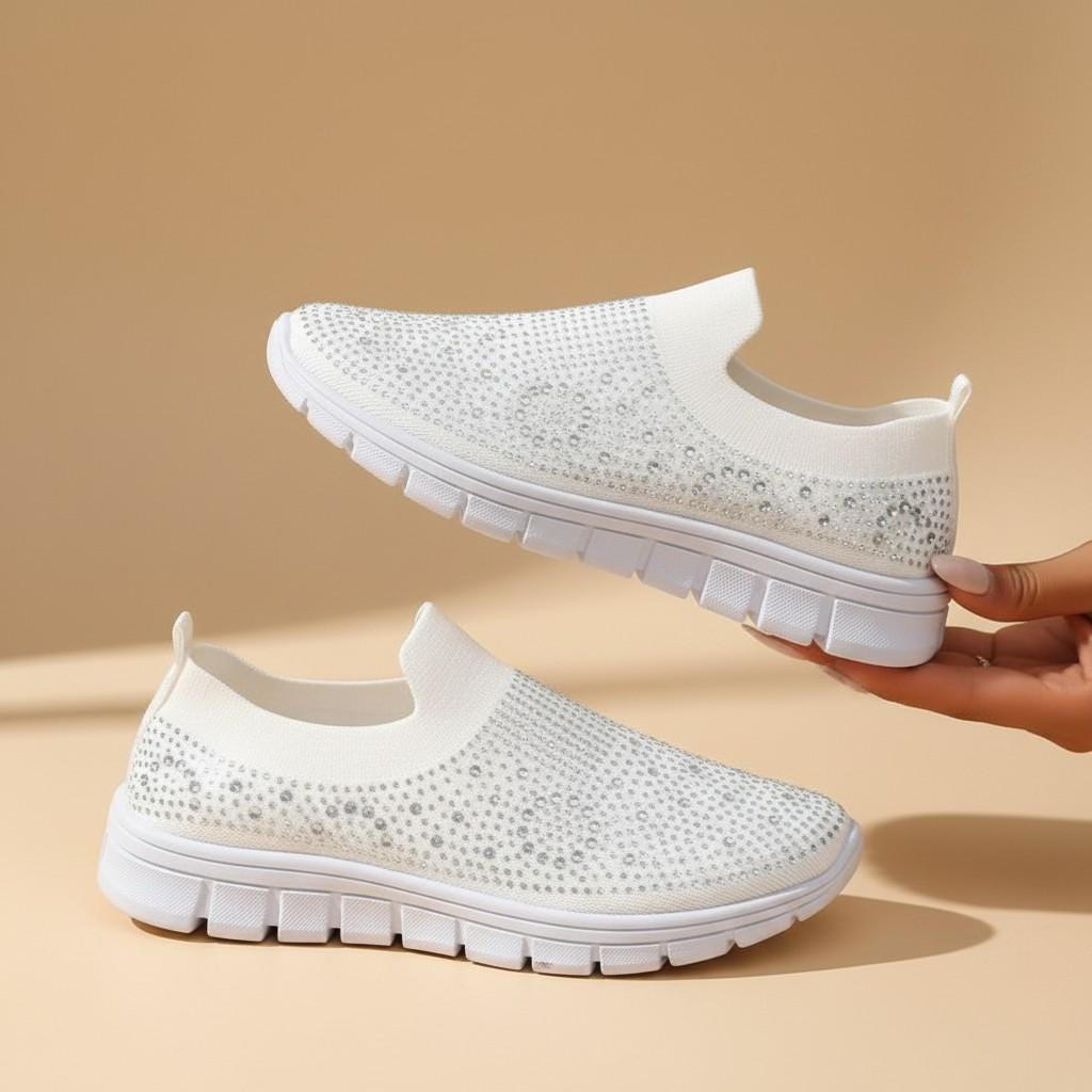 White Rhinestone Slip On Sneakers, Women's Sparkle Knit Shoes, Embellished Casual Sneakers