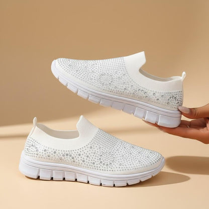 White Rhinestone Slip On Sneakers, Women's Sparkle Knit Shoes, Embellished Casual Sneakers