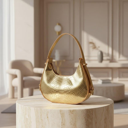 Metallic Gold Shoulder Bag, Reptile Texture Hobo Purse, Shiny Gold Handbag, Statement Evening Bag, Y2K Bag