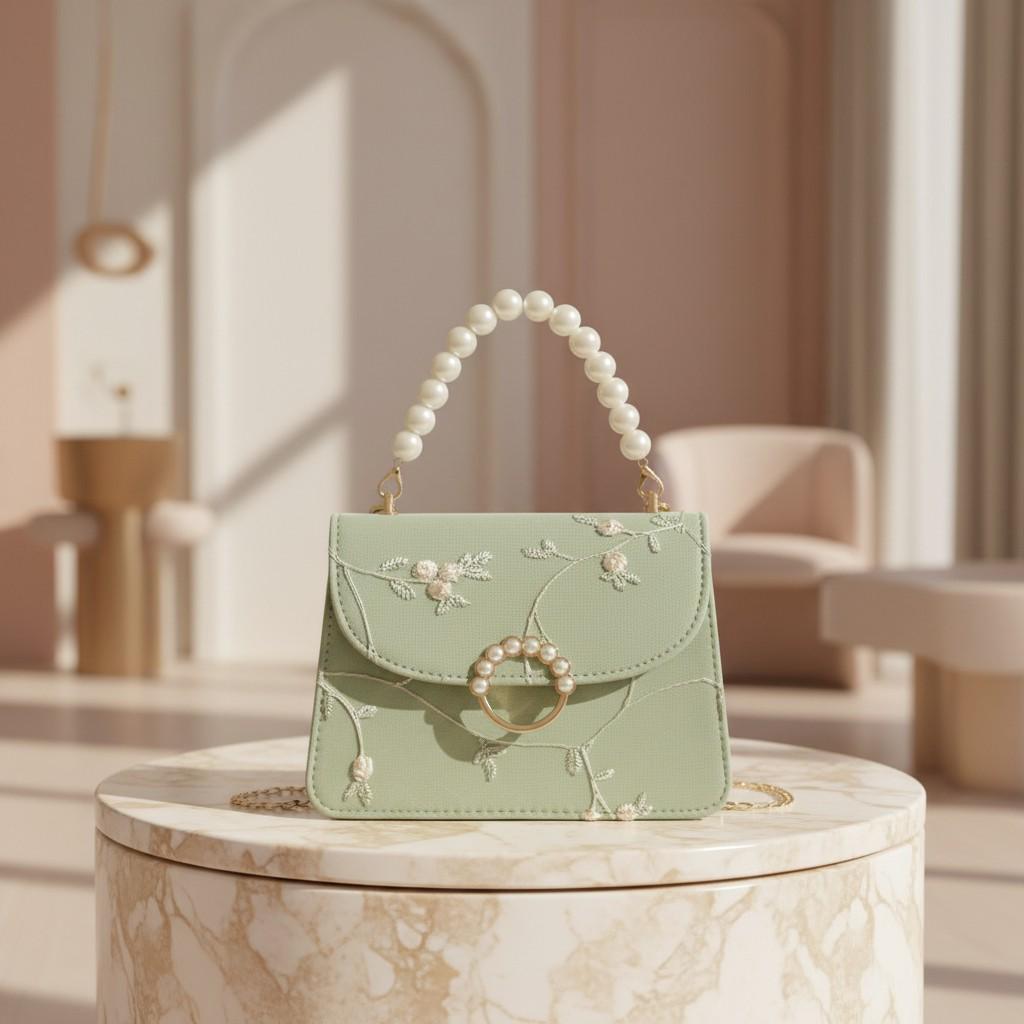 Mint Green Floral Embroidered Handbag, Pearl Handle Shoulder Bag, Chain Crossbody Purse, Romantic Evening Bag