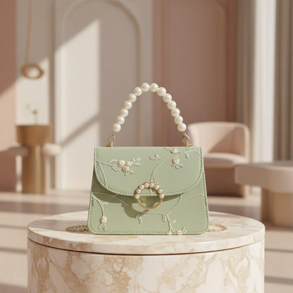 Mint Green Floral Embroidered Handbag, Pearl Handle Shoulder Bag, Chain Crossbody Purse, Romantic Evening Bag