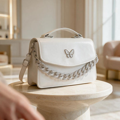 Cream Chain Handbag, Ivory Shoulder Bag, Structured Flap Purse, Elegant Crossbody Bag, Chic Womens Handbag