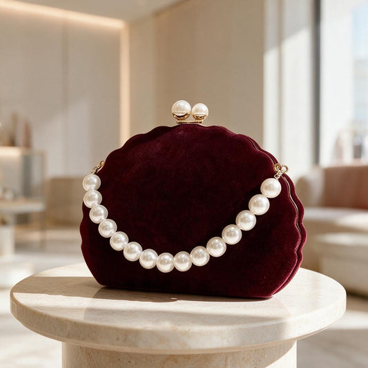 Burgundy Pearl Clutch, Velvet Evening Purse, Pearl Trim Bag, Wedding Guest Clutch, Elegant Formal Handbag