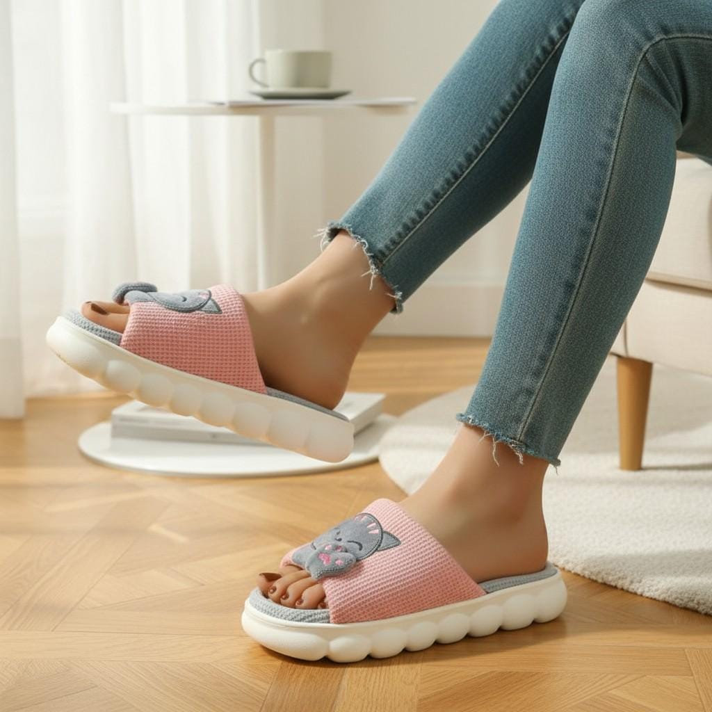 Pink Cat Slippers for Women, Cute Plush House Slides, Open Toe Indoor Shoes