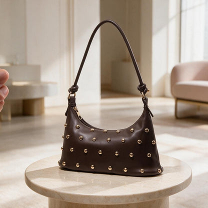 Brown Studded Shoulder Bag, Y2K Hobo Purse, Chocolate Brown Handbag, Retro Everyday Bag
