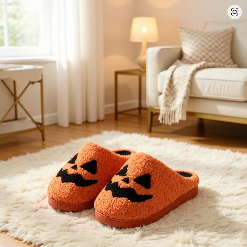 Pumpkin Slippers, Halloween Jack O Lantern House Shoes, Cozy Fuzzy Slippers