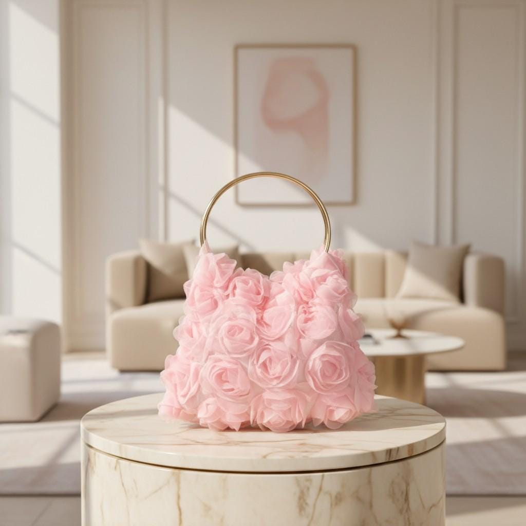 Pink 3D Flower Handbag, Rose Top Handle Purse, Floral Ring Handle Bag, Romantic Pink Evening Bag, Statement Flower Purse