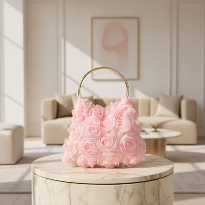 Pink 3D Flower Handbag, Rose Top Handle Purse, Floral Ring Handle Bag, Romantic Pink Evening Bag, Statement Flower Purse