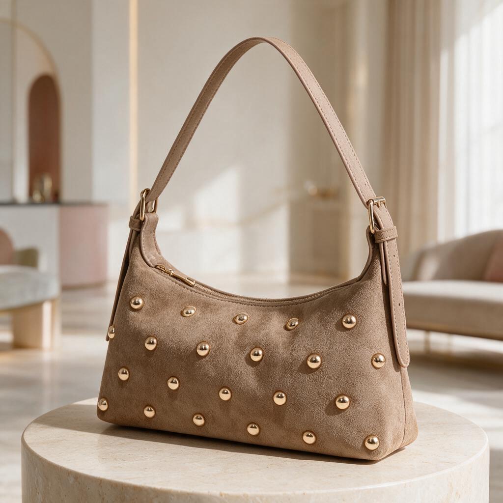 Taupe Studded Shoulder Bag, Suede Look Baguette Purse, Gold Stud Handbag, Y2K Underarm Bag, Minimalist Women’s Purse
