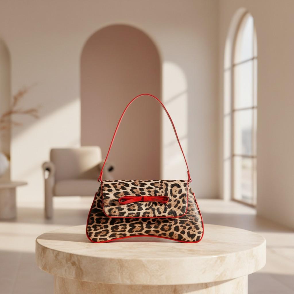 Leopard Print Baguette Bag, Y2K Shoulder Purse, Red Trim Animal Print Handbag, Small Underarm Bag, Retro Style Purse