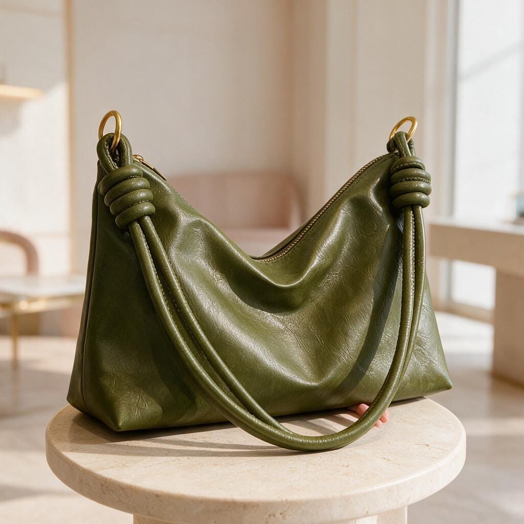 Olive Green Hobo Bag, Slouchy Shoulder Bag, Soft Faux Leather Purse, Y2K Shoulder Handbag, Knotted Strap Bag, Everyday Tote