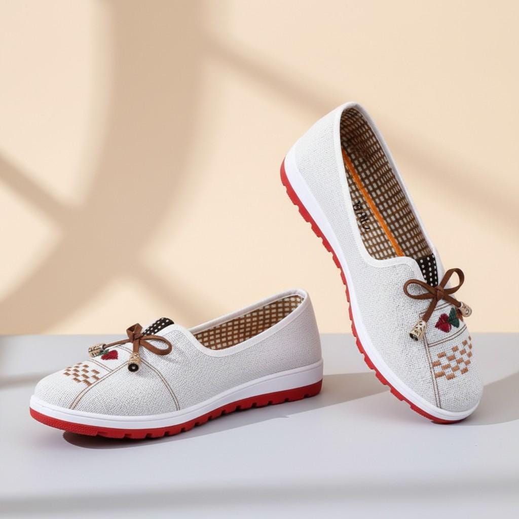 Embroidered Slip On Shoes for Women, Boho Floral Flats with Bow, Casual Summer Shoes