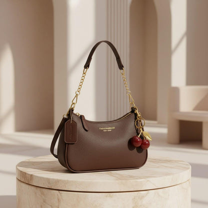 Brown Cherry Shoulder Bag, Chocolate Baguette Purse, Cherry Charm Handbag, Gold Chain Bag, Y2K Brown Purse, Cute Vintage Bag