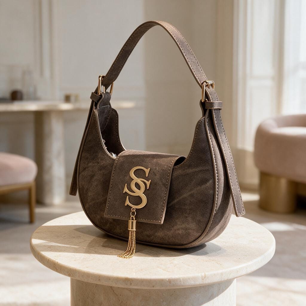Brown Shoulder Bag, Monogram Flap Purse, Y2K Hobo Handbag, Tassel Detail Bag