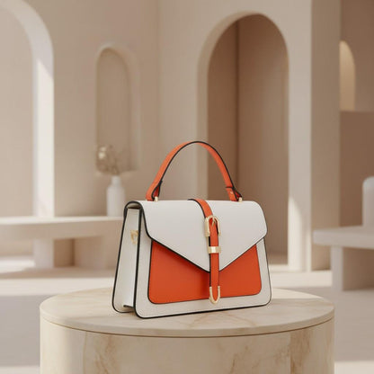 White Orange Colorblock Handbag, Top Handle Crossbody Bag, Buckle Flap Purse, Structured Shoulder Bag, Chic Everyday Bag