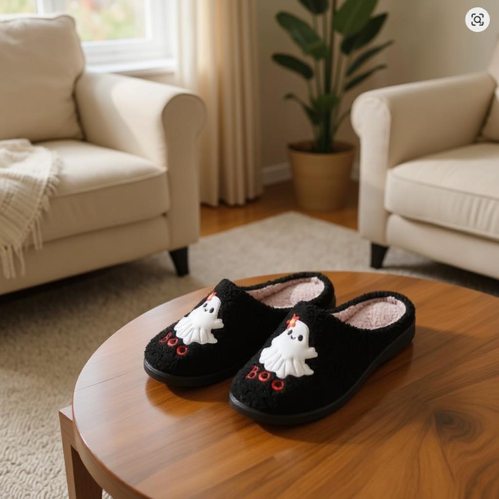 Halloween Ghost Slippers, Black Fuzzy House Shoes, Spooky Cozy Slippers