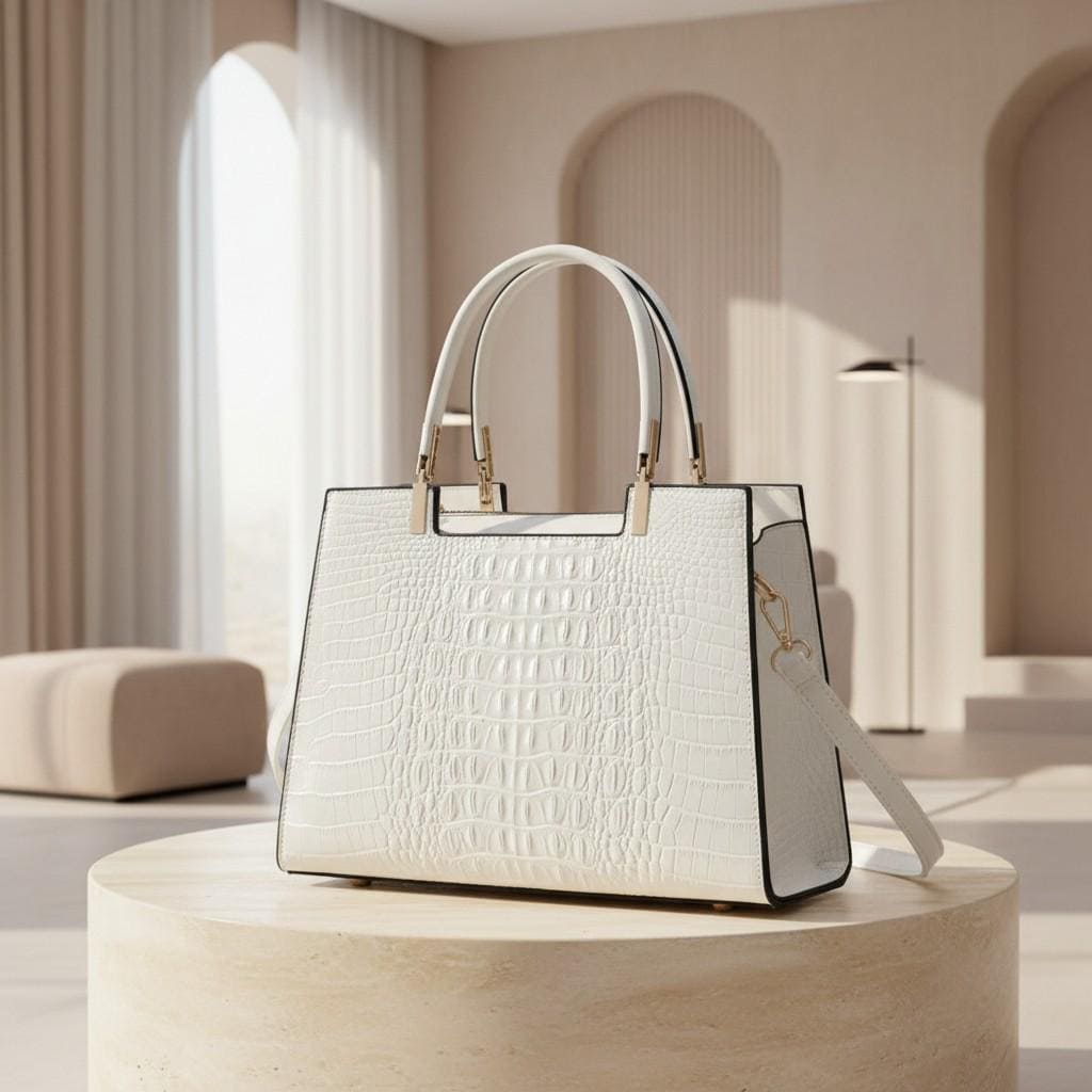 White Croc Embossed Handbag, Structured Top Handle Bag, Women's Shoulder Crossbody Purse, Elegant White Satchel
