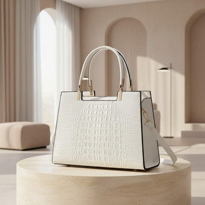 White Croc Embossed Handbag, Structured Top Handle Bag, Women's Shoulder Crossbody Purse, Elegant White Satchel