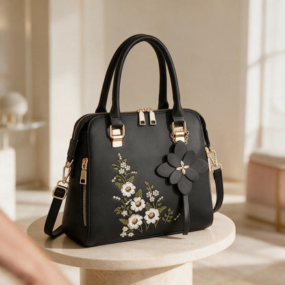 Black Floral Handbag, Embroidered Flower Purse, Women's Shoulder Bag, 3D Flower Crossbody Bag, Elegant Purse