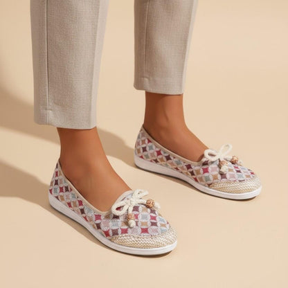 Woven Bow Ballet Flats for Women, Pink Beige Patterned Shoes, Casual Slip On Flats
