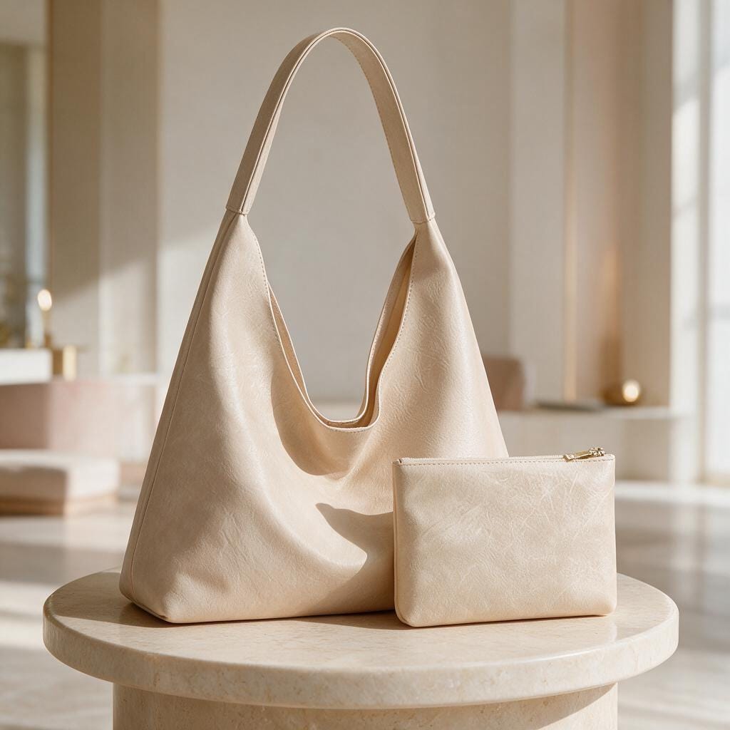 Cream Hobo Bag Set, Beige Shoulder Bag with Matching Pouch, Minimalist Women's Handbag, Neutral Everyday Purse, Soft Slouchy Tote