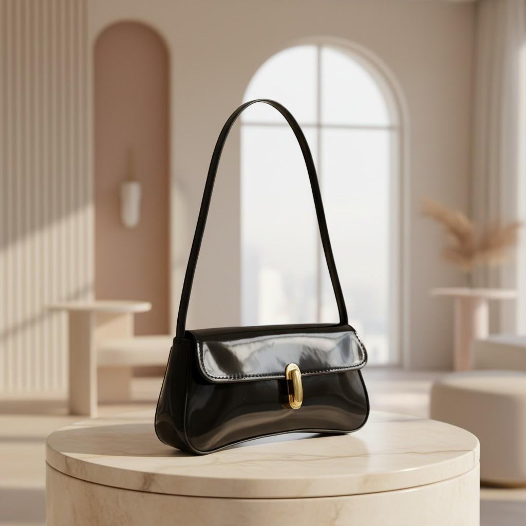 Black Glossy Shoulder Bag, Baguette Purse, Gold Clasp Handbag, Y2K Underarm Bag, Minimalist Everyday Purse