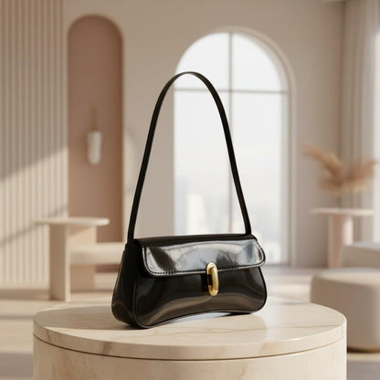 Black Glossy Shoulder Bag, Baguette Purse, Gold Clasp Handbag, Y2K Underarm Bag, Minimalist Everyday Purse
