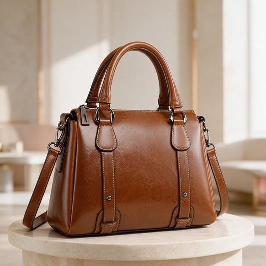 Brown Satchel Bag, Structured Top Handle Handbag, Cognac Shoulder Bag, Classic Crossbody Purse, Women's Work Tote