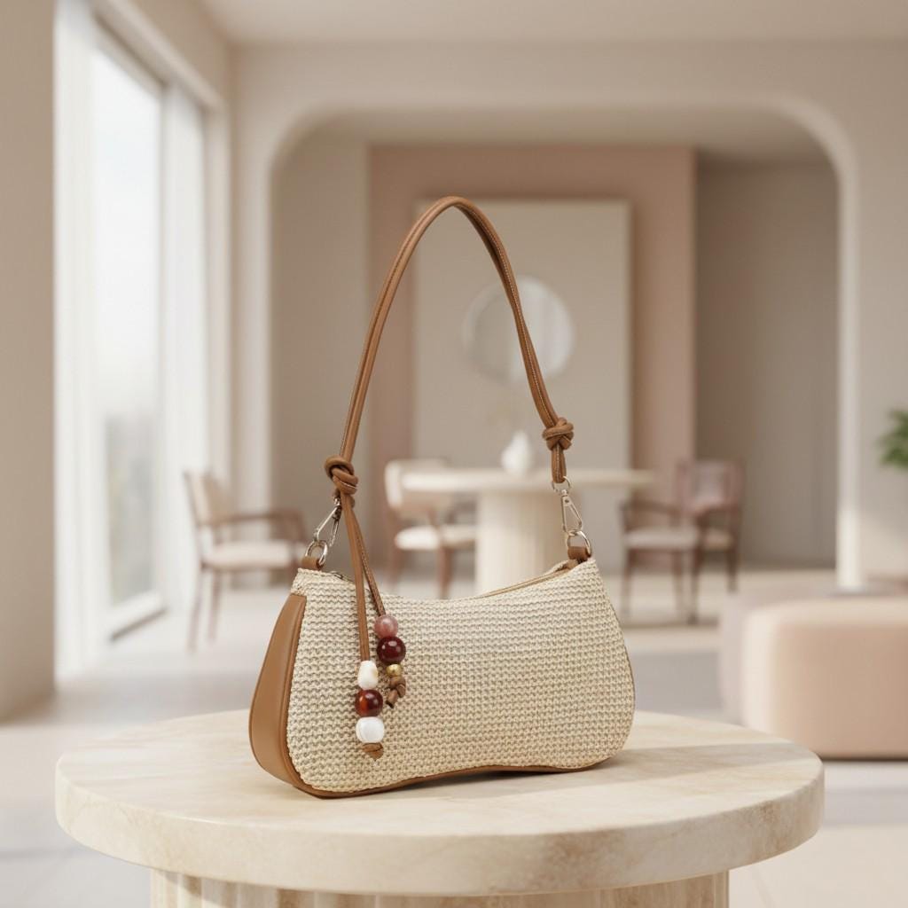 Woven Shoulder Bag, Boho Summer Purse, Beige Hobo Bag, Beaded Detail Handbag, Casual Beach Bag