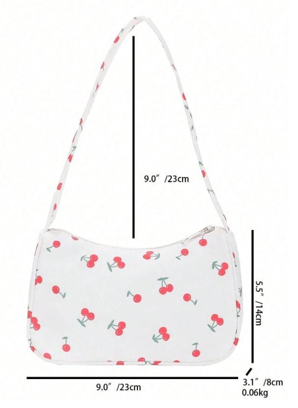 White Cherry Print Shoulder Bag, Cute Baguette Purse, Y2K Fruit Print Handbag, Small Underarm Bag, Casual Summer Bag
