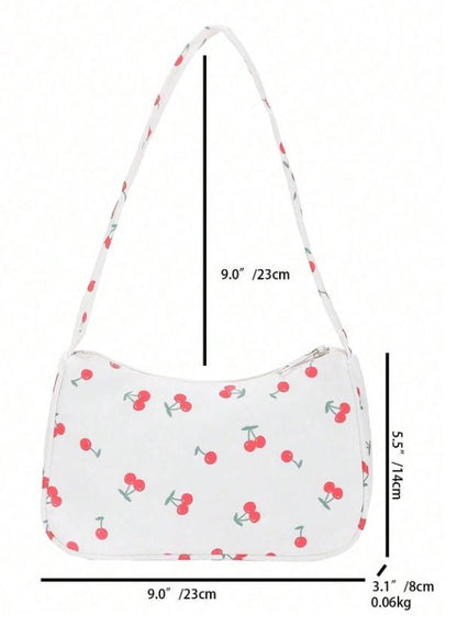 White Cherry Print Shoulder Bag, Cute Baguette Purse, Y2K Fruit Print Handbag, Small Underarm Bag, Casual Summer Bag