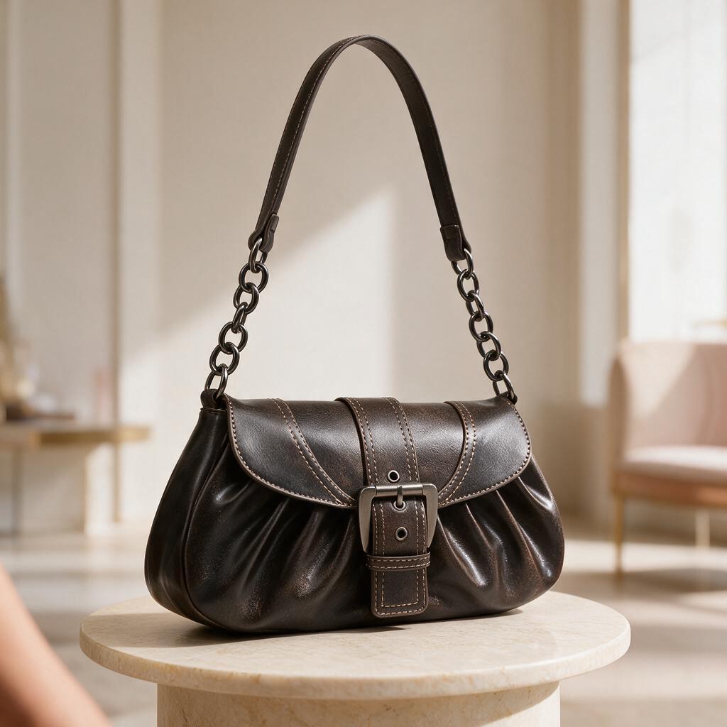 Black Buckle Shoulder Bag, Y2K Chain Purse, Ruched Handbag, Retro Baguette Bag